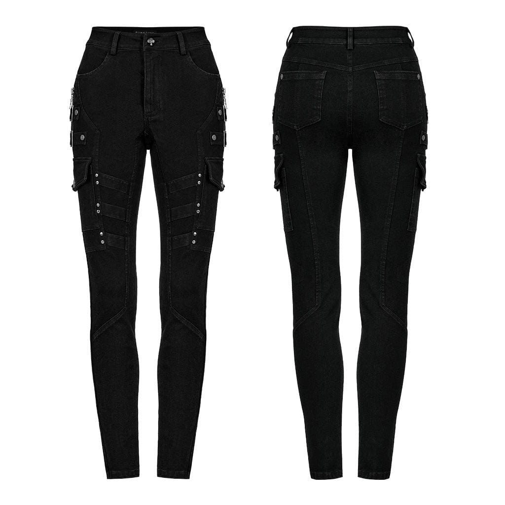 PUNK RAVE Women's Punk Multi-Pocket Buckle Jeans