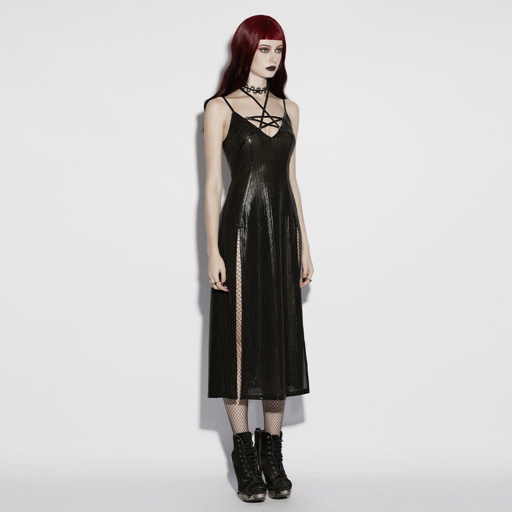 PUNK RAVE Women's Punk Pentacle Side Slit Slip Dress Black