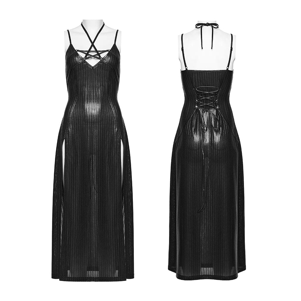 PUNK RAVE Women's Punk Pentacle Side Slit Slip Dress Black