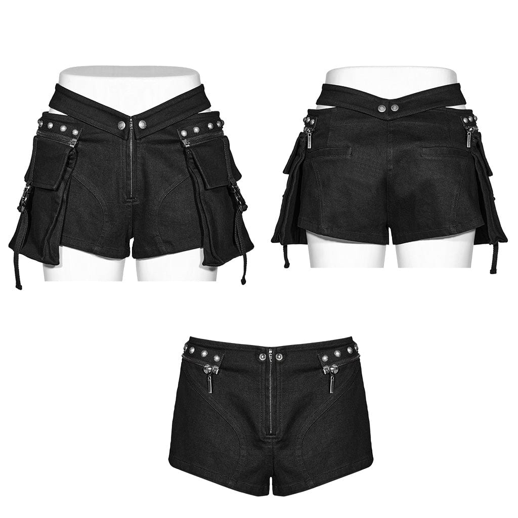 PUNK RAVE Women's Punk Pocket Stud Buckle Shorts