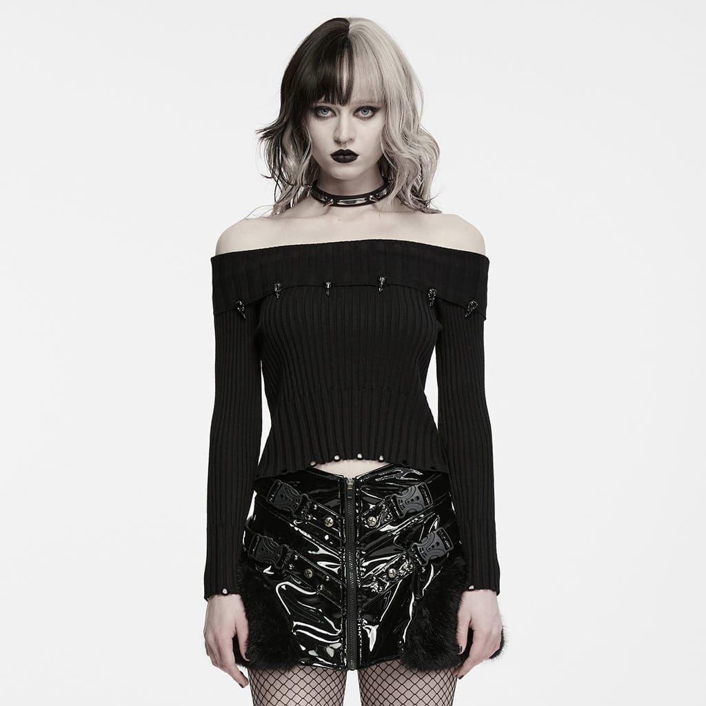 PUNK RAVE Women's Punk Raven Skull Embellished Off Shoulder Ribbed Sweater