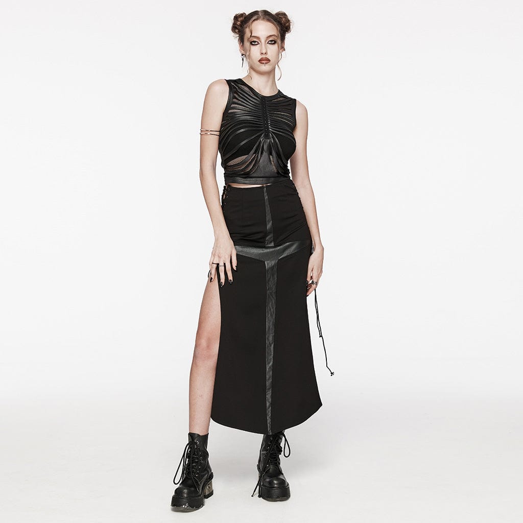 PUNK RAVE Women's Punk Ribbed Mesh Splice Tank Top