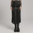 PUNK RAVE Women's Punk Ripped Buckle Lace-Up Long Skirt