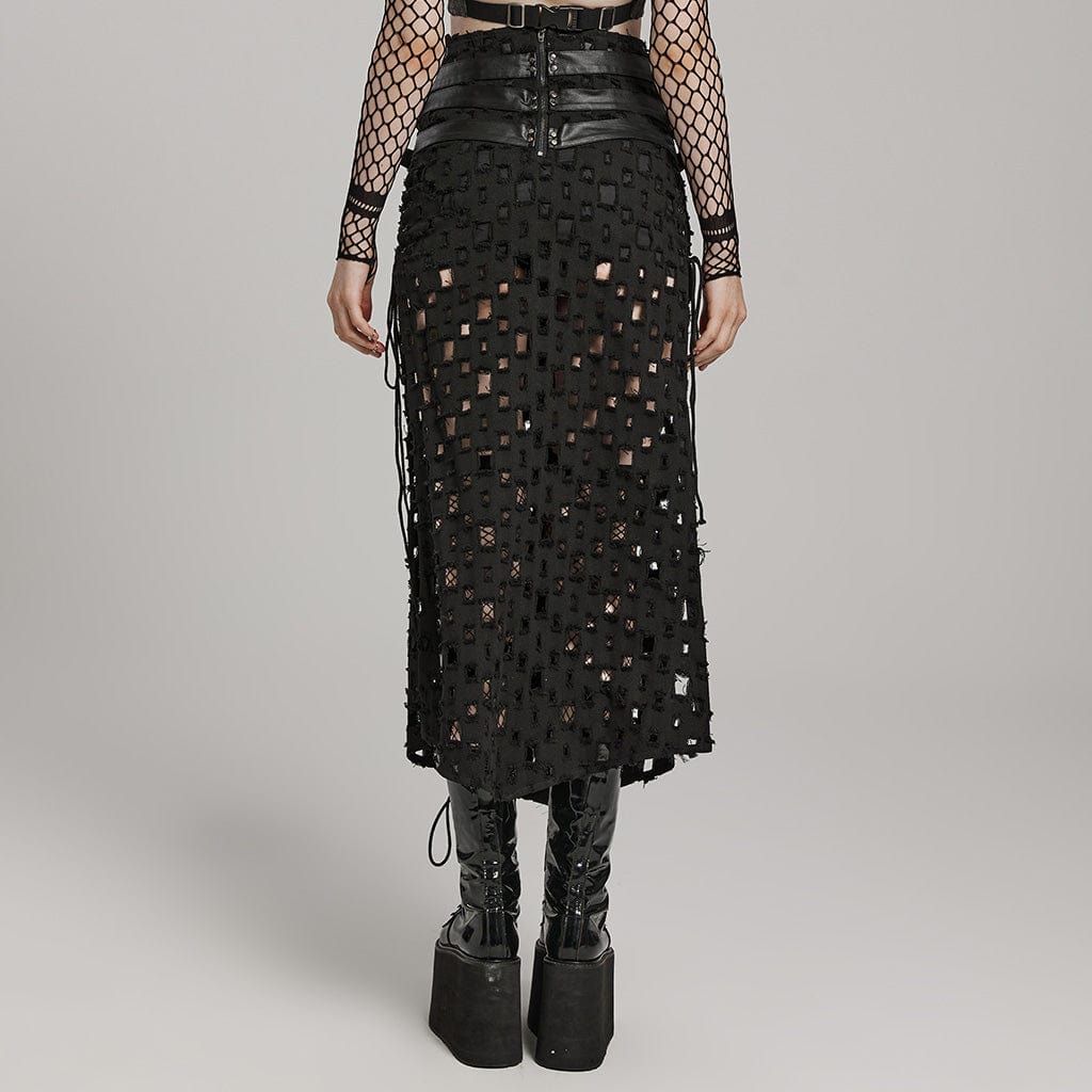PUNK RAVE Women's Punk Ripped Buckle Lace-Up Long Skirt