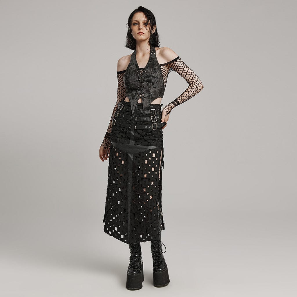 PUNK RAVE Women's Punk Ripped Buckle Lace-Up Long Skirt