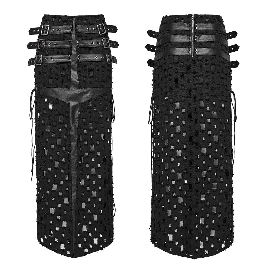 PUNK RAVE Women's Punk Ripped Buckle Lace-Up Long Skirt