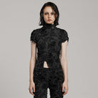 PUNK RAVE Women's Punk Ripped Distressed Short Sleeved Shirt Black
