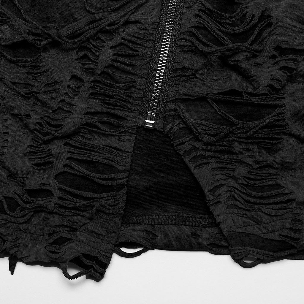 PUNK RAVE Women's Punk Ripped Distressed Short Sleeved Shirt Black