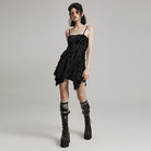 PUNK RAVE Women's Punk Ripped Eyelet Irregular Slip Dress Black