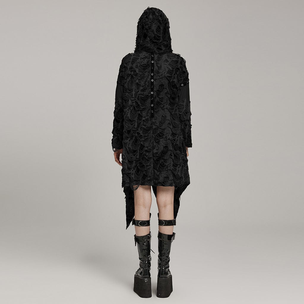 PUNK RAVE Women's Punk Ripped Eyelet Ruffled Coat with Hood Black