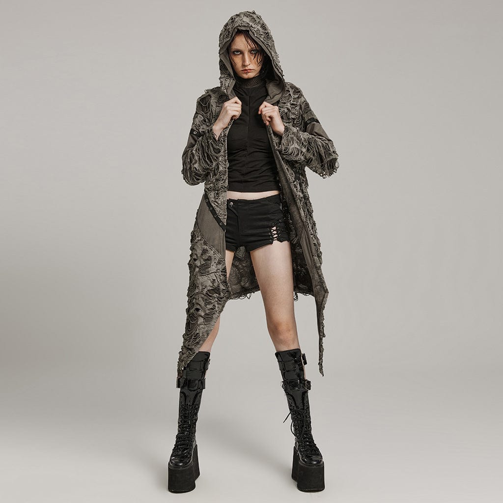 PUNK RAVE Women's Punk Ripped Eyelet Ruffled Distressed Coat with Hood