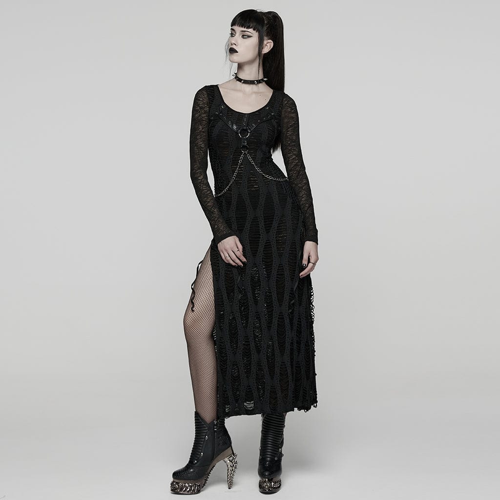 PUNK RAVE Women's Punk Ripped Eyelet Strap Chian Slit Dress