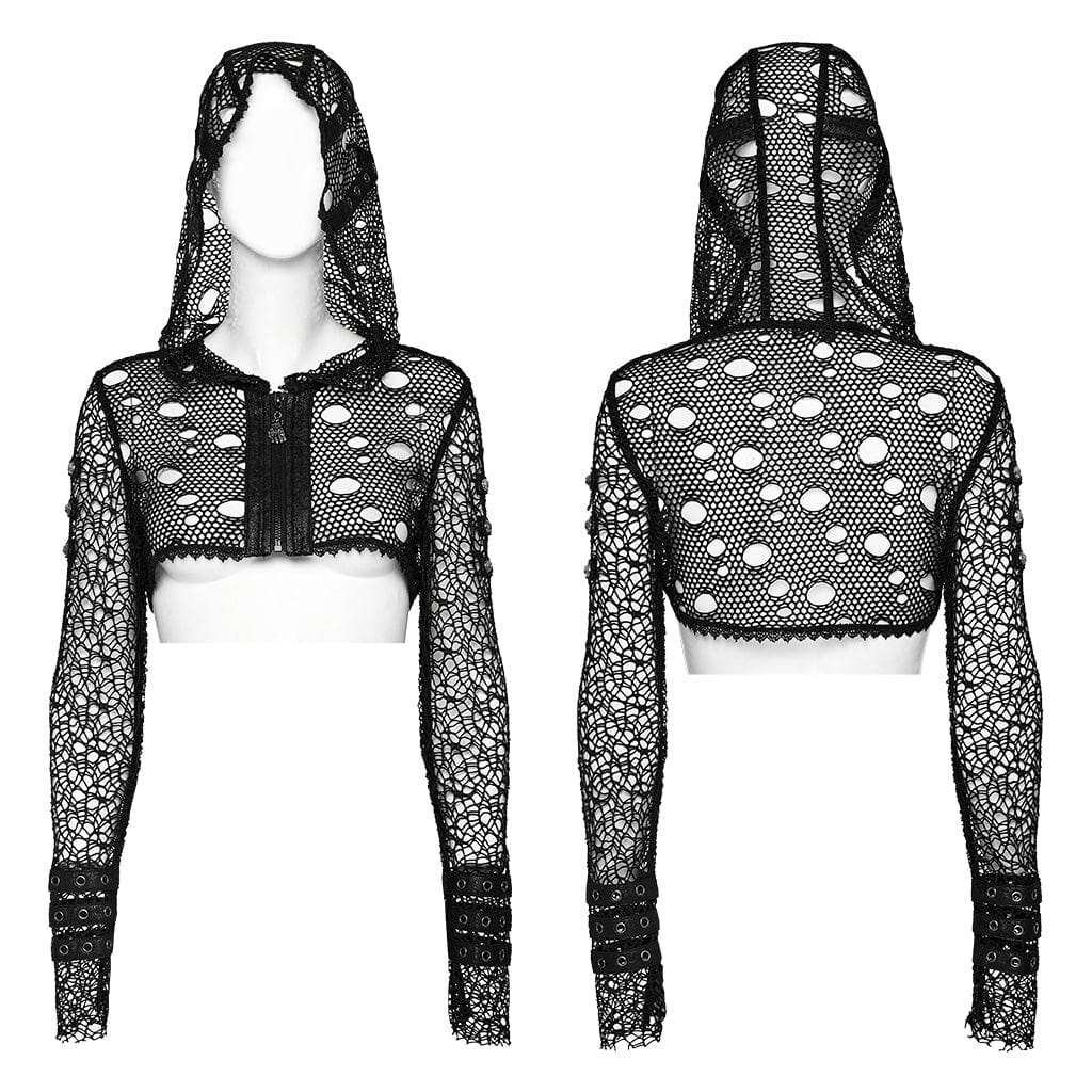 PUNK RAVE Women's Punk Ripped Faux Leather Splice Mesh Jacket with Hood