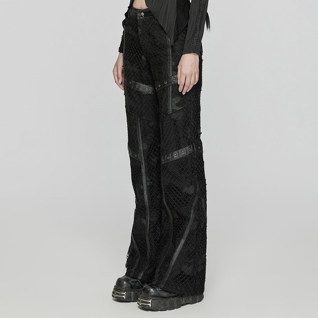 PUNK RAVE Women's Punk Ripped Mesh Denim Pants