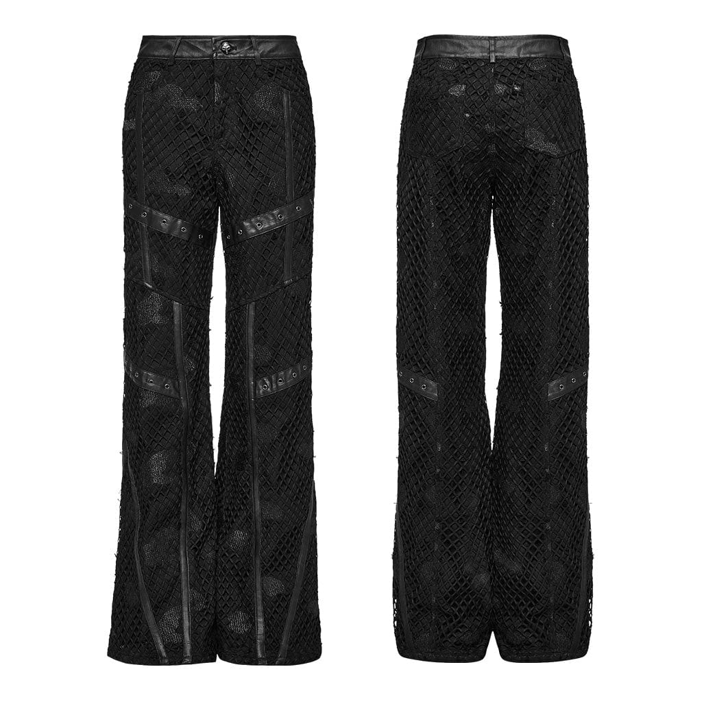 PUNK RAVE Women's Punk Ripped Mesh Denim Pants