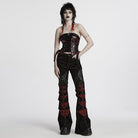 PUNK RAVE Women's Punk Ripped Mesh Splice Plaid Patch Flared Pants