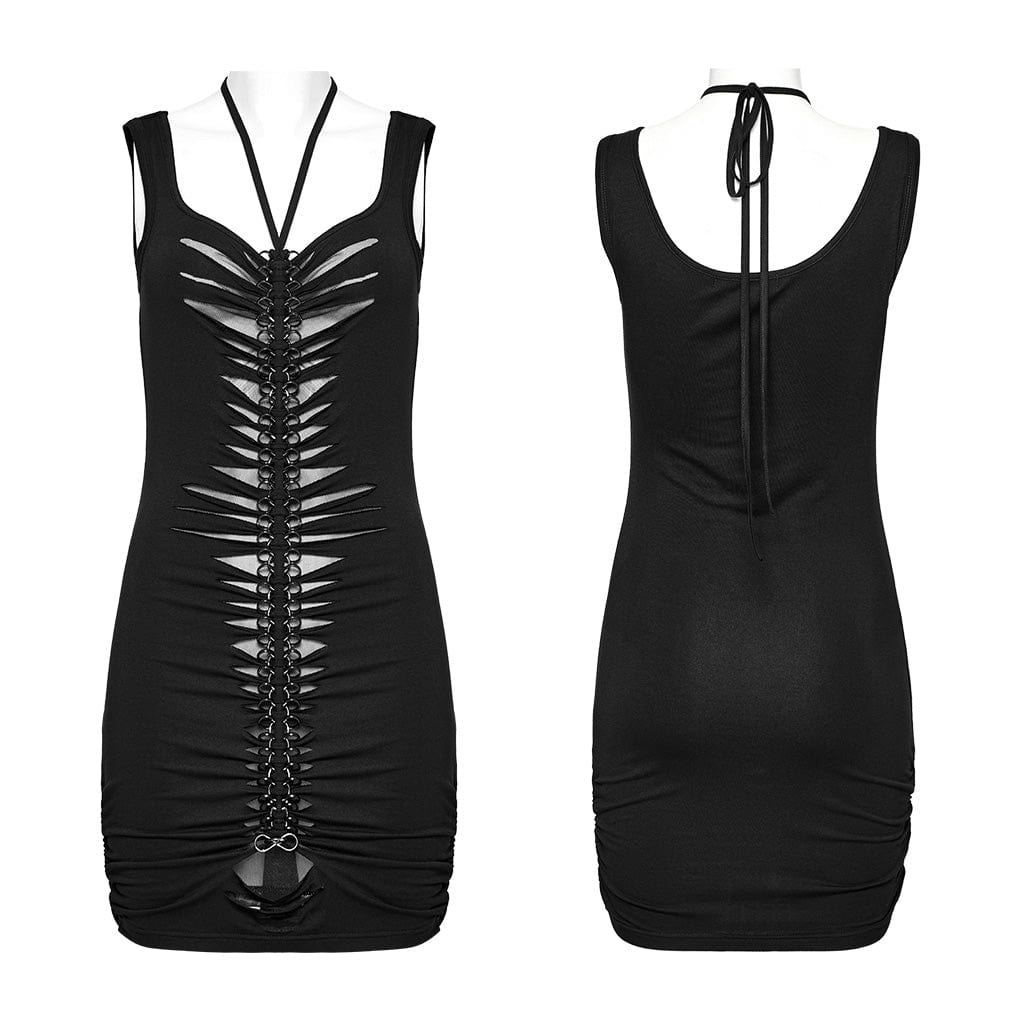 PUNK RAVE Women's Punk Ripped Mesh Splice Slip Dress
