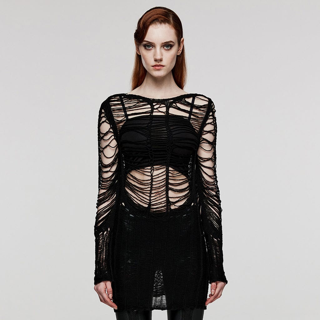 PUNK RAVE Maglione lungo in maglia trasparente strappato punk da donna