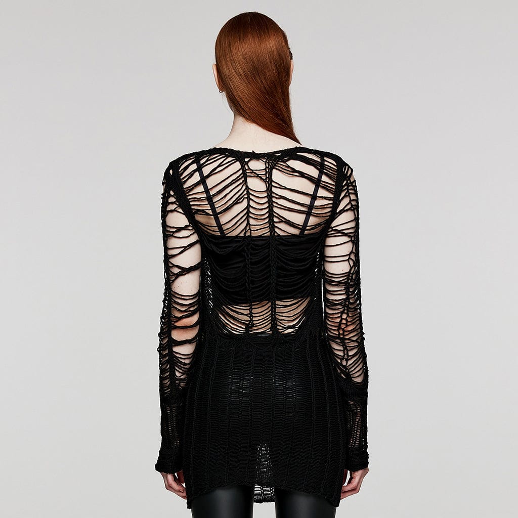 PUNK RAVE Maglione lungo in maglia trasparente strappato punk da donna