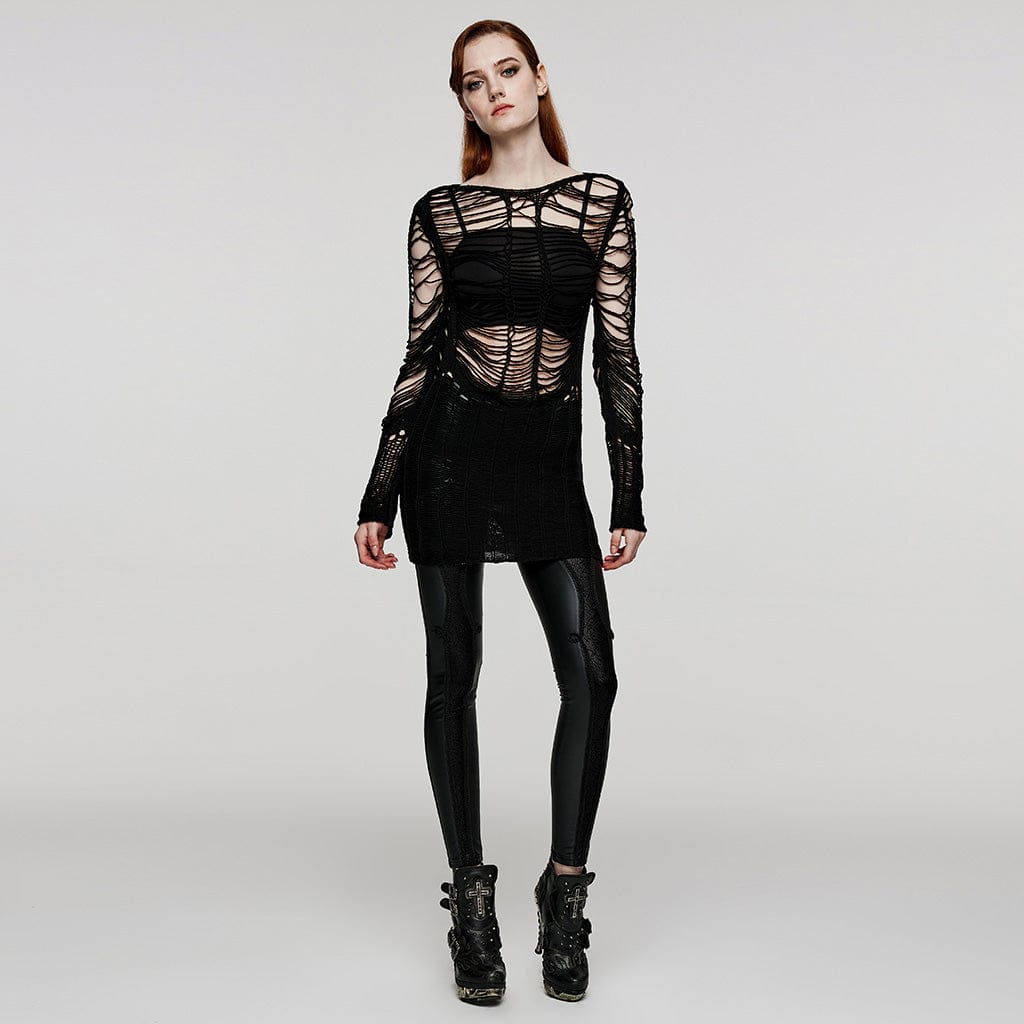 PUNK RAVE Women's Punk Ripped Sheer Knitted Long Sweater