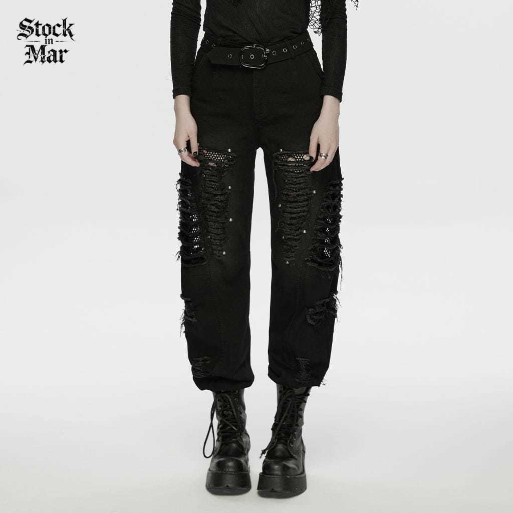 PUNK RAVE Women's Punk Ripped Unedged Decadent Denim Pants