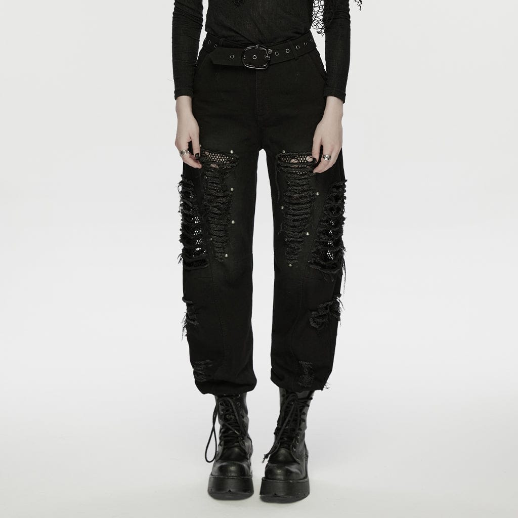 PUNK RAVE Women's Punk Ripped Unedged Decadent Denim Pants