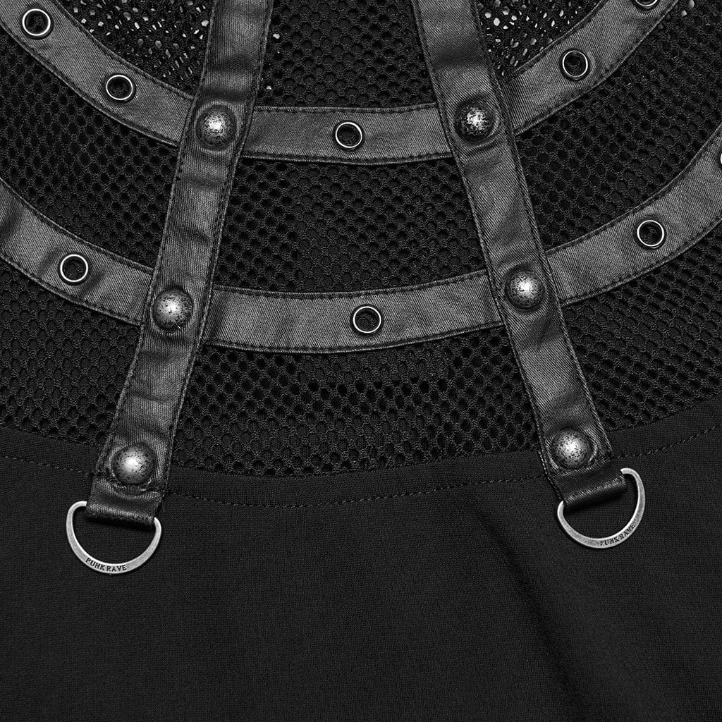 PUNK RAVE Women's Punk Rivets&Eyelets Cage Mesh Short Sleeved T-shirt