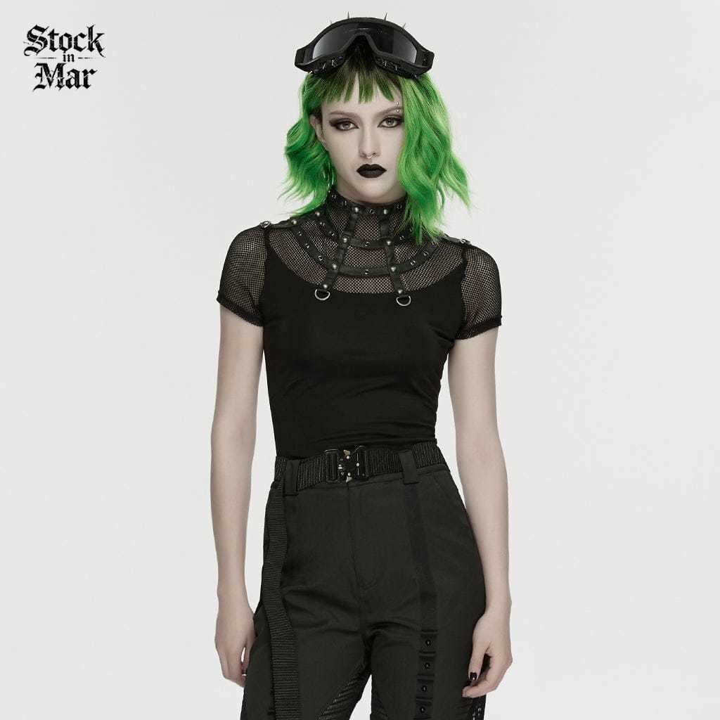 PUNK RAVE Women's Punk Rivets&Eyelets Cage Mesh Short Sleeved T-shirt