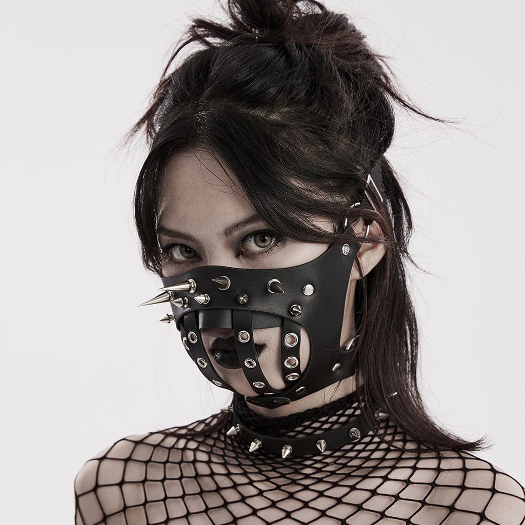 PUNK RAVE Women's Punk Rivets Nailed Stitch Faux Leather Mask
