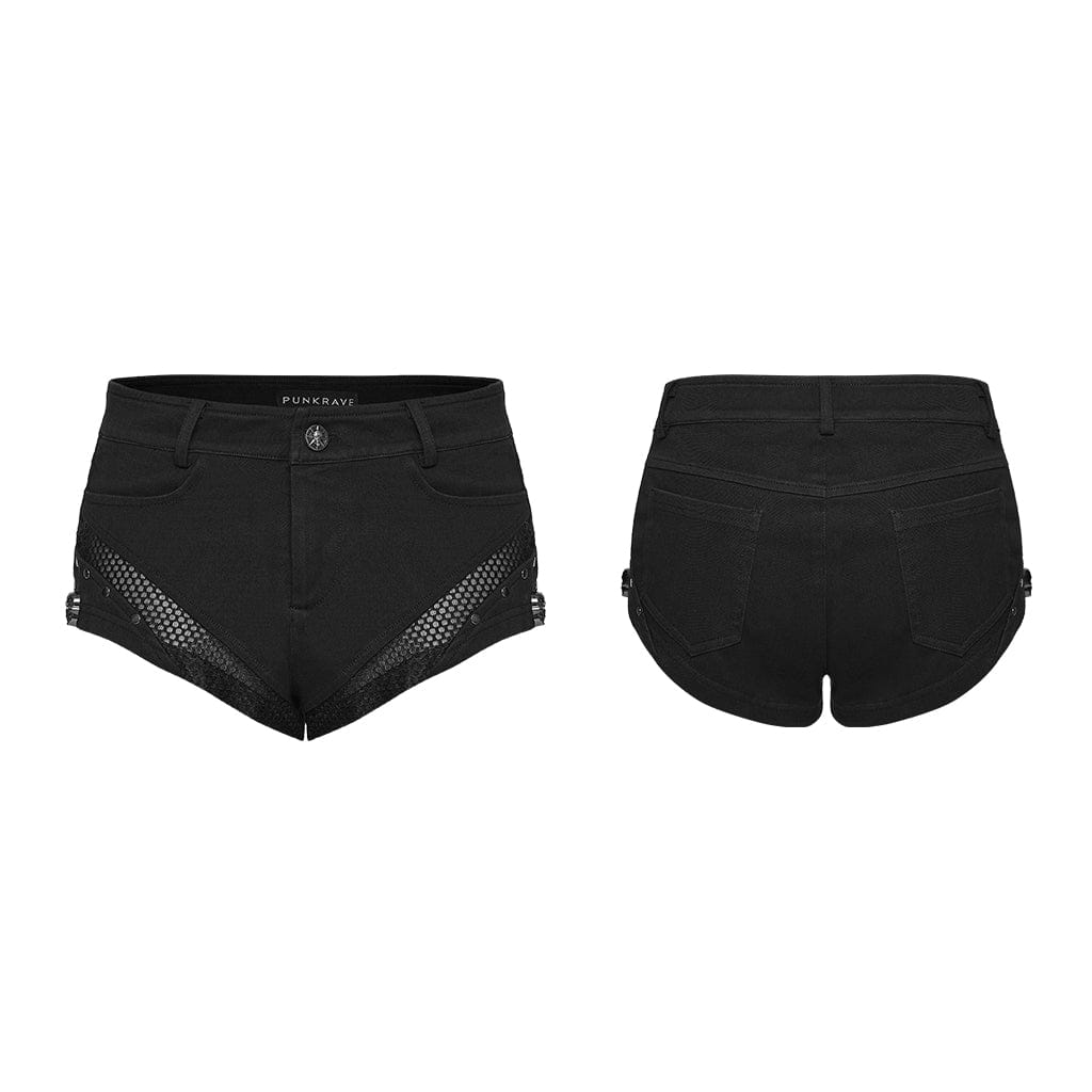 PUNK RAVE Women's Punk Rivets Skull Mesh Splice Short