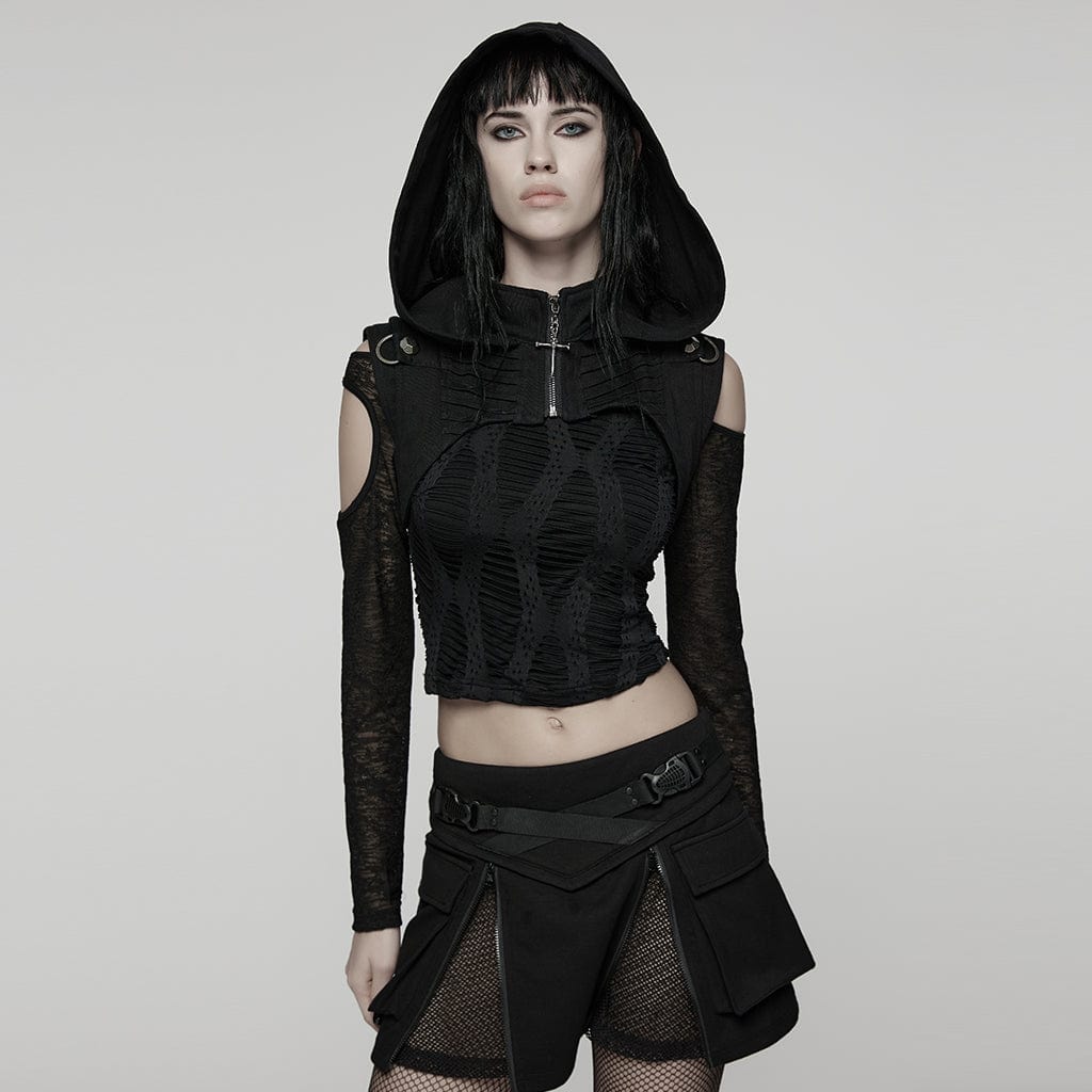 PUNK RAVE Women's Punk Ruched Zip Short Hooded Vest