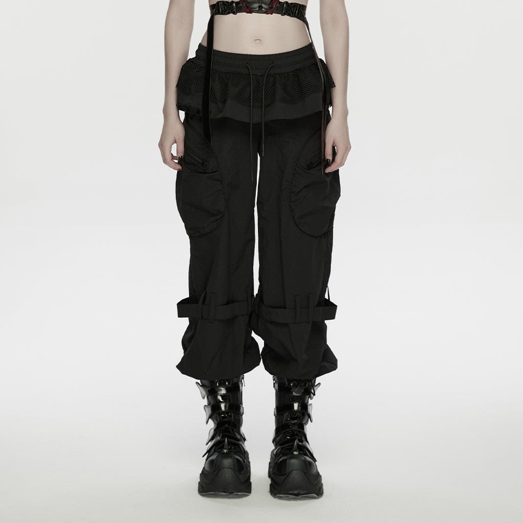 PUNK RAVE Women's Punk Ruffled Hem Big Pockets Cargo Pants