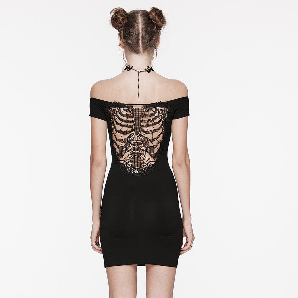 PUNK RAVE Women's Punk Skeleton Embroidered Off-shoulder Dress