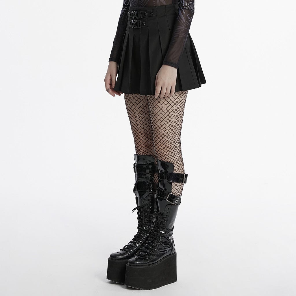 PUNK RAVE Women's Punk Skull Buckle Pleated Skirt