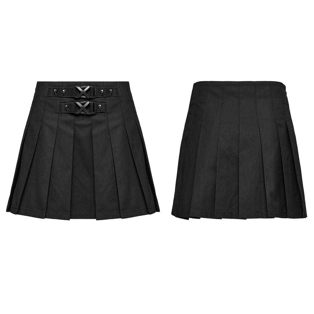 PUNK RAVE Women's Punk Skull Buckle Pleated Skirt