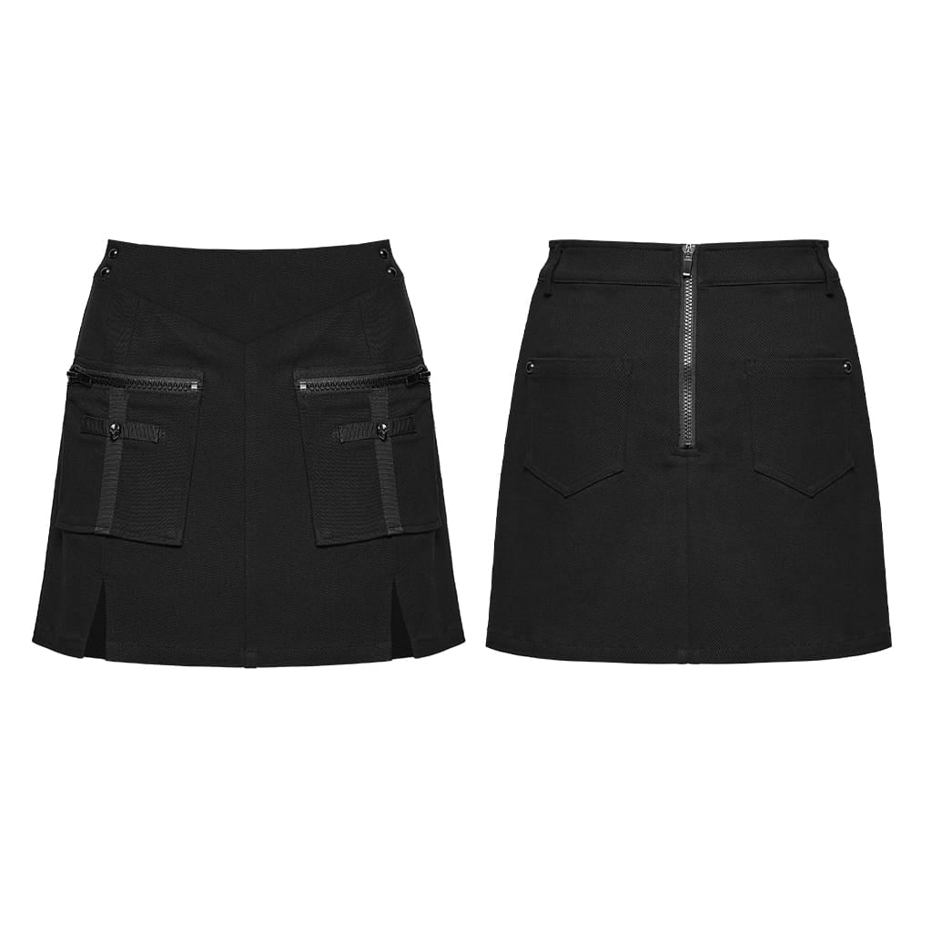 PUNK RAVE Women's Punk Skull Embroidered Big Pocket Skirt