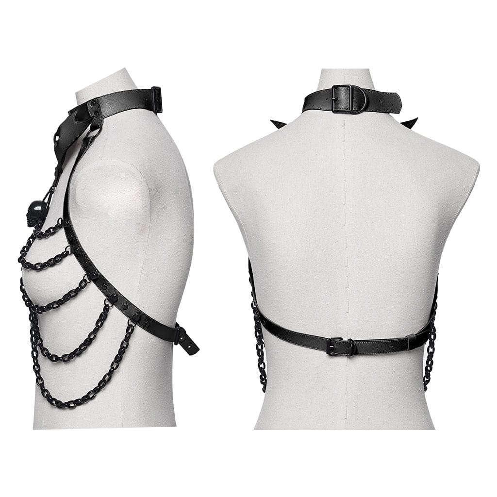 PUNK RAVE Women's Punk Skull Halterneck Chain Body Harness with Detachable Batwing Knot Black