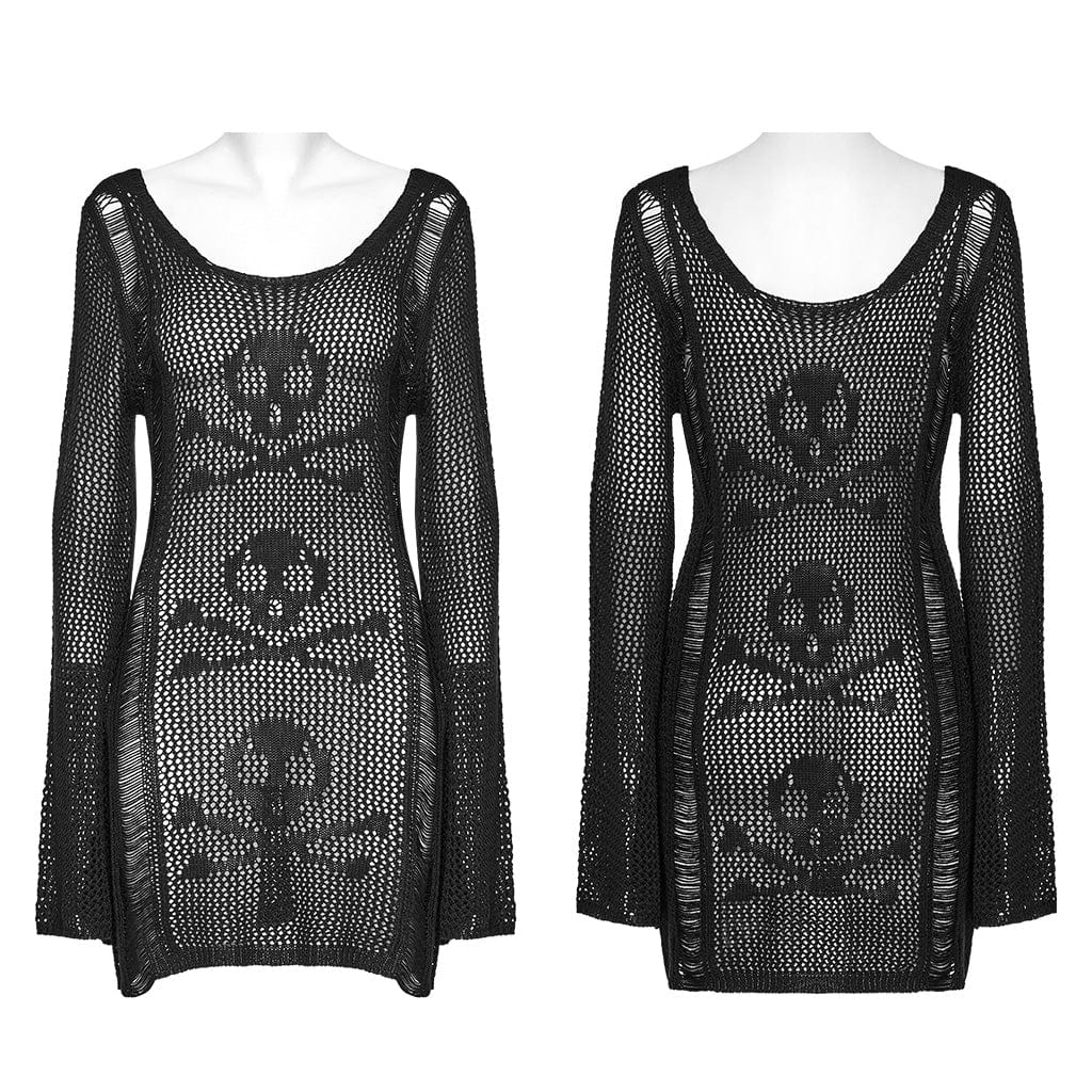 PUNK RAVE Women's Punk Skull Knitted Music Festival Dress Black