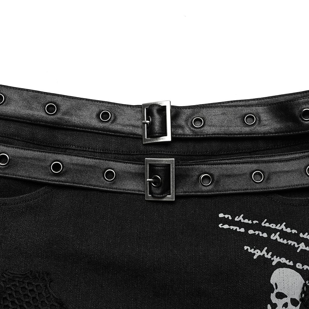 PUNK RAVE Women's Punk Skull Mesh Splice Short Skrit with Belt