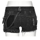 PUNK RAVE Women's Punk Skull Ripped Denim Shorts with Pocket
