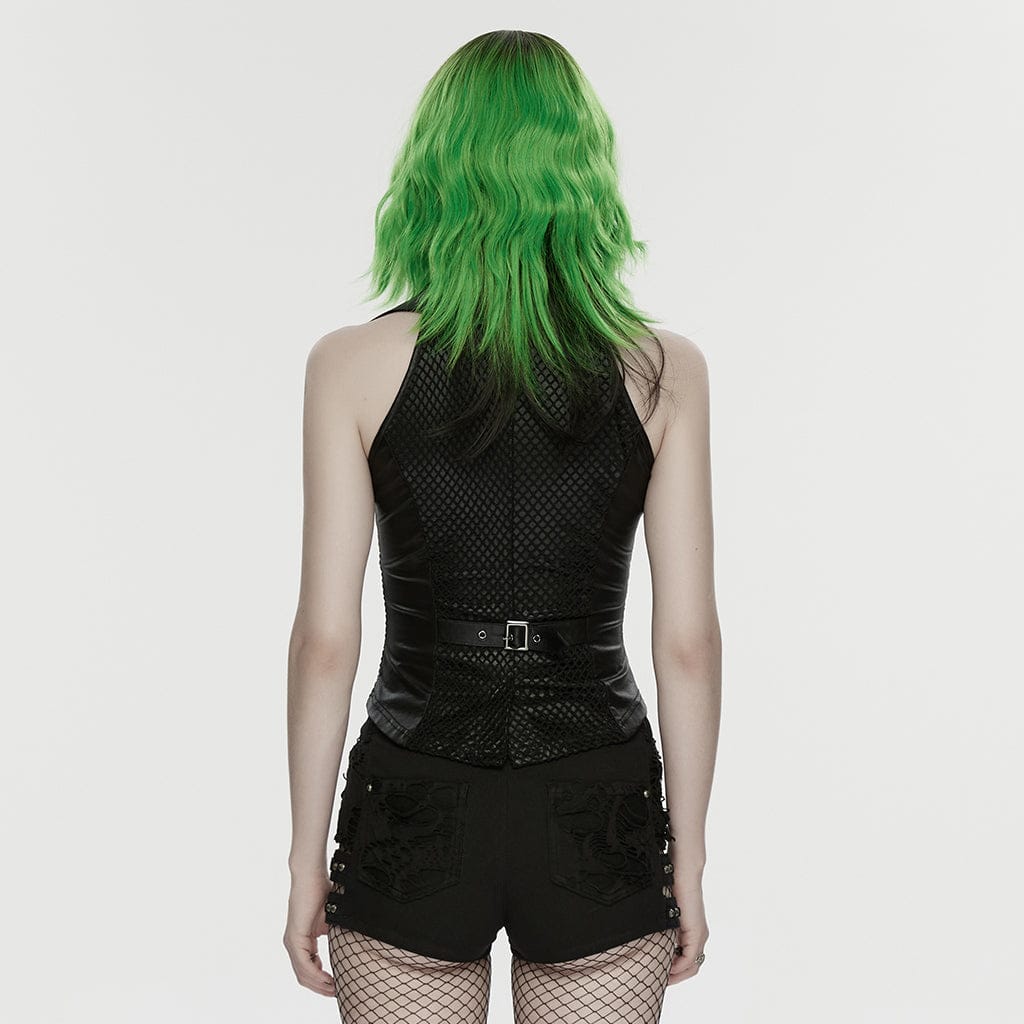 PUNK RAVE Women's Punk Skull Rivets Lace-up Turn-down Collar Vest