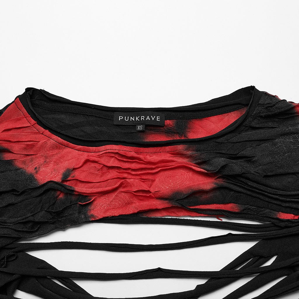 PUNK RAVE Women's Punk Spaghetti Strap Cutout Ripped Long Sleeved Shirt