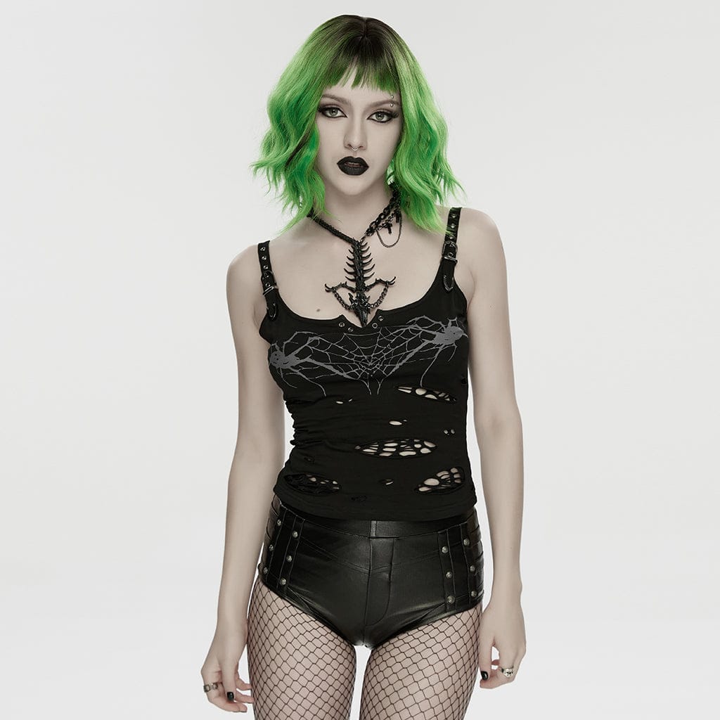 PUNK RAVE Naisten Punk Hämähäkit & Verkkokuvioinen Repaleinen Toppi Musta
