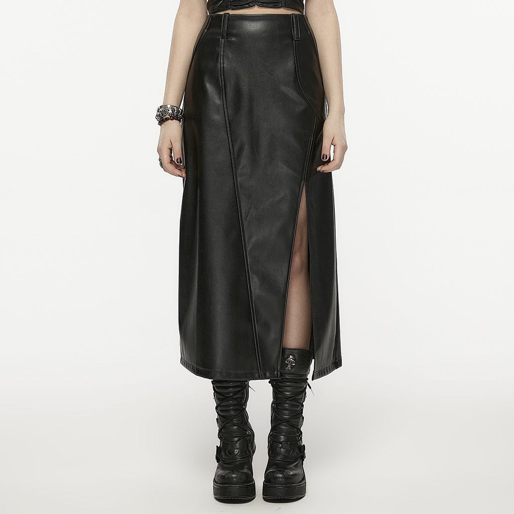 PUNK RAVE Women's Punk Split Faux Leather Skirt
