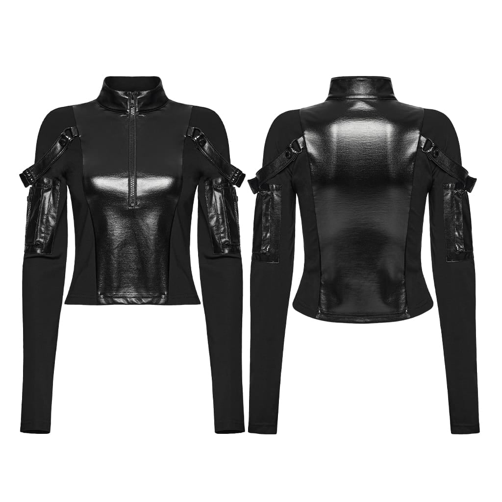PUNK RAVE Women's Punk Stand Collar Buckle Strap Arm Zip Pocket Long Sleeve Crop Top