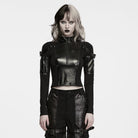 PUNK RAVE Women's Punk Stand Collar Buckle Strap Arm Zip Pocket Long Sleeve Crop Top