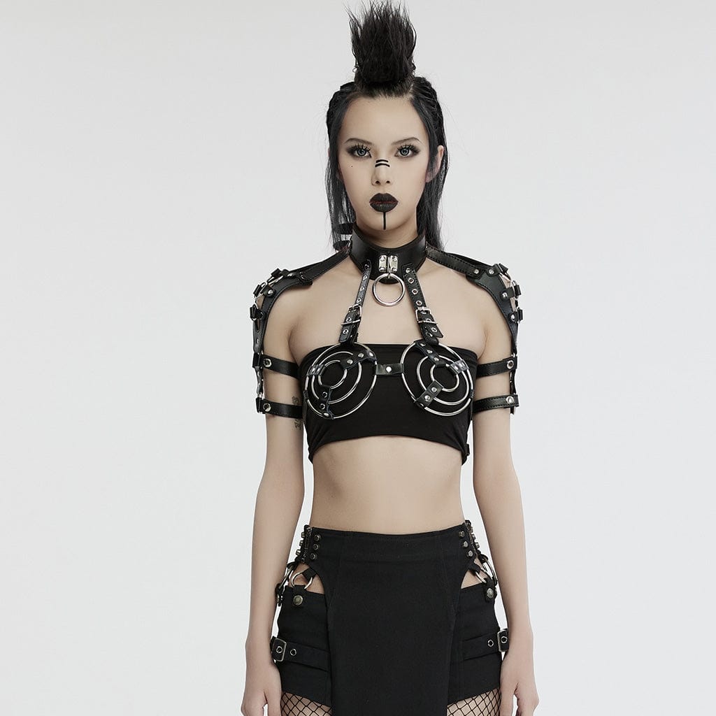 PUNK RAVE Women's Punk Stand Collar Circular Faux Leather Harness