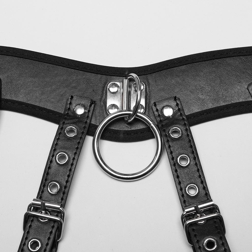 PUNK RAVE Women's Punk Stand Collar Circular Faux Leather Harness