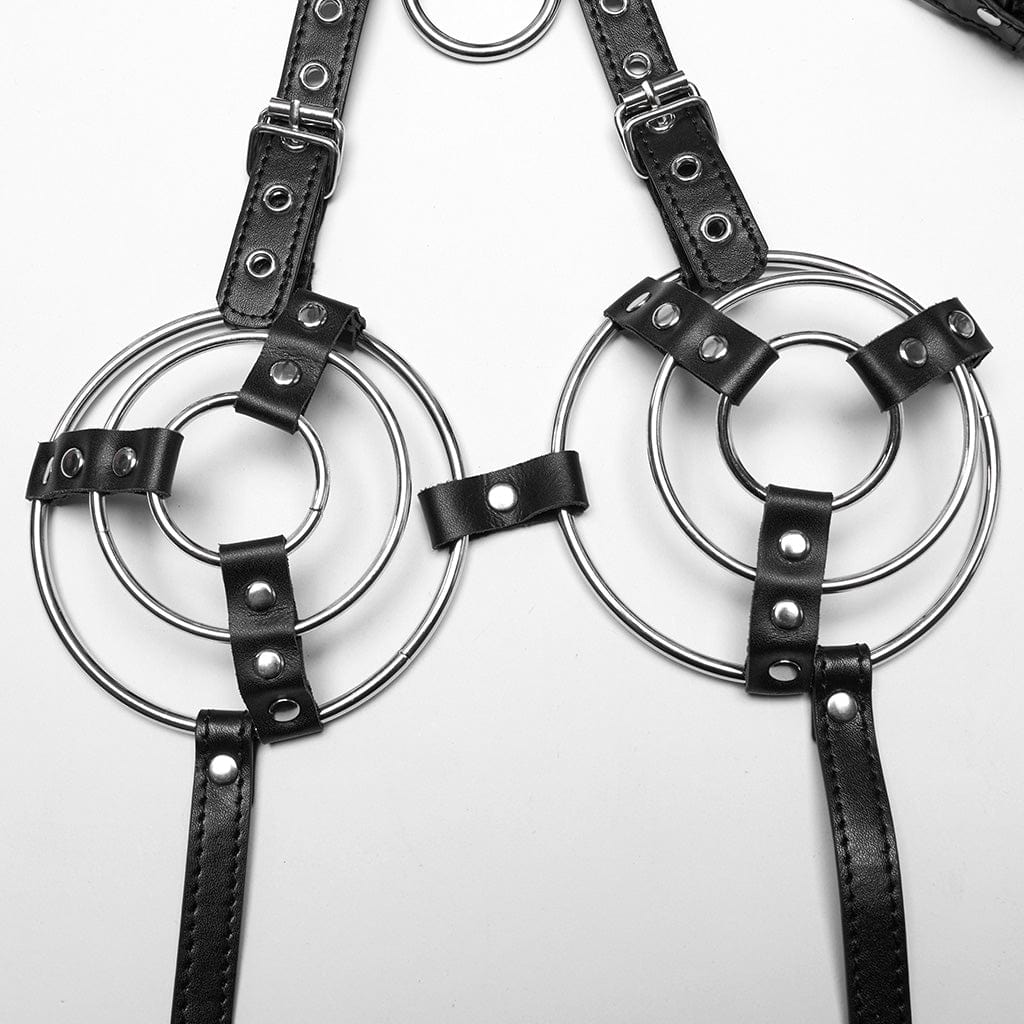 PUNK RAVE Women's Punk Stand Collar Circular Faux Leather Harness