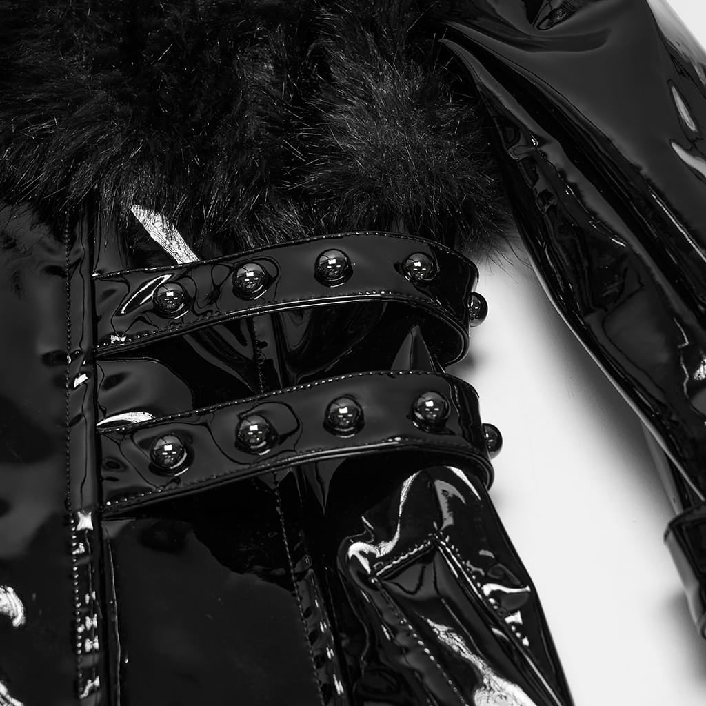 PUNK RAVE Women's Punk Stand Collar Faux Fur Panel Patent Faux Leather Long Jacket Black